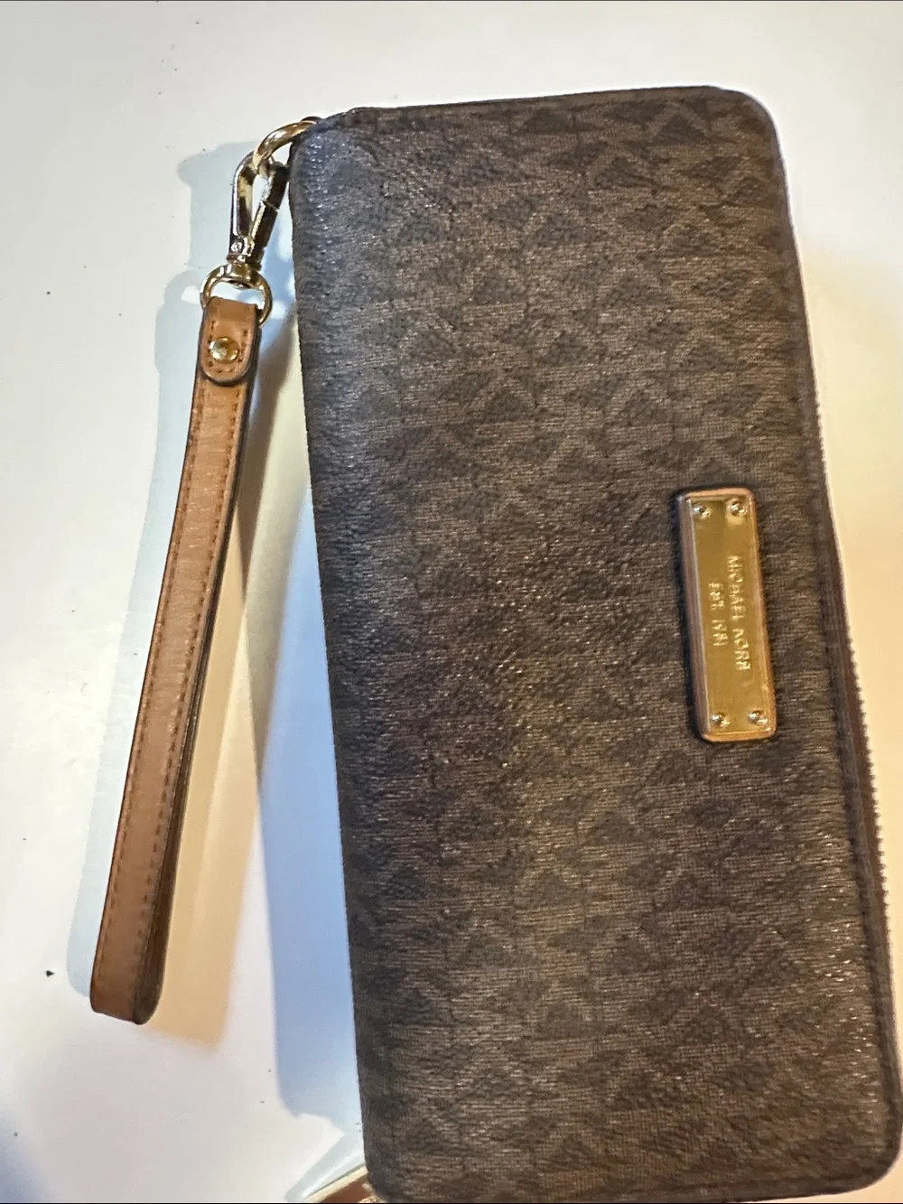 MICHAEL Michael Kors Brown Logo Zip Wristlet with Gold Plate